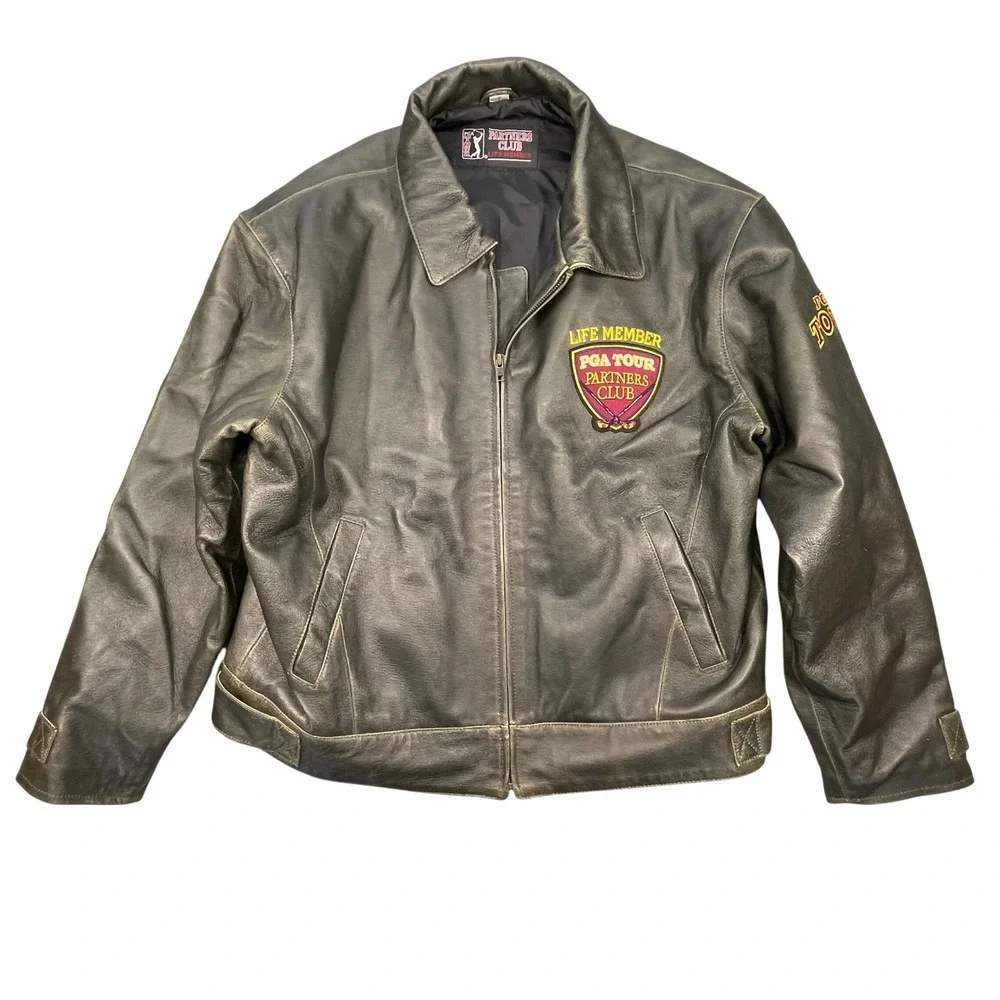 PGA Tour Brown Distressed Leather Partners Club Bomber Jacket Mens XL Golf